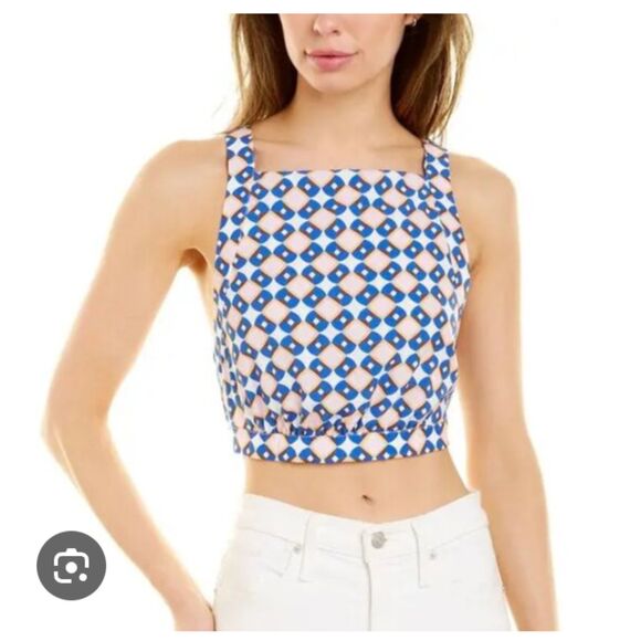 Zara Blue Yellow White Geometric Print Open Back Tank Size Large - Picture 1 of 6